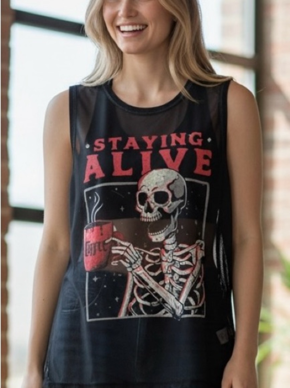 SHEIN Black Mesh Tank with Red Graphic Unisex
